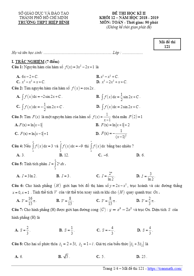 Đề thi HK2 Toán 12 năm 2018 – 2019 trường THPT Hiệp Bình – TP HCM