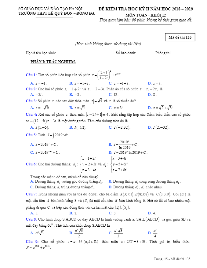 Đề thi HK2 Toán 12 năm 2018 – 2019 trường THPT Lê Quý Đôn – Hà Nội