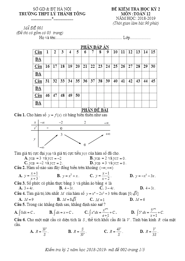 Đề thi HK2 Toán 12 năm 2018 – 2019 trường THPT Lý Thánh Tông – Hà Nội