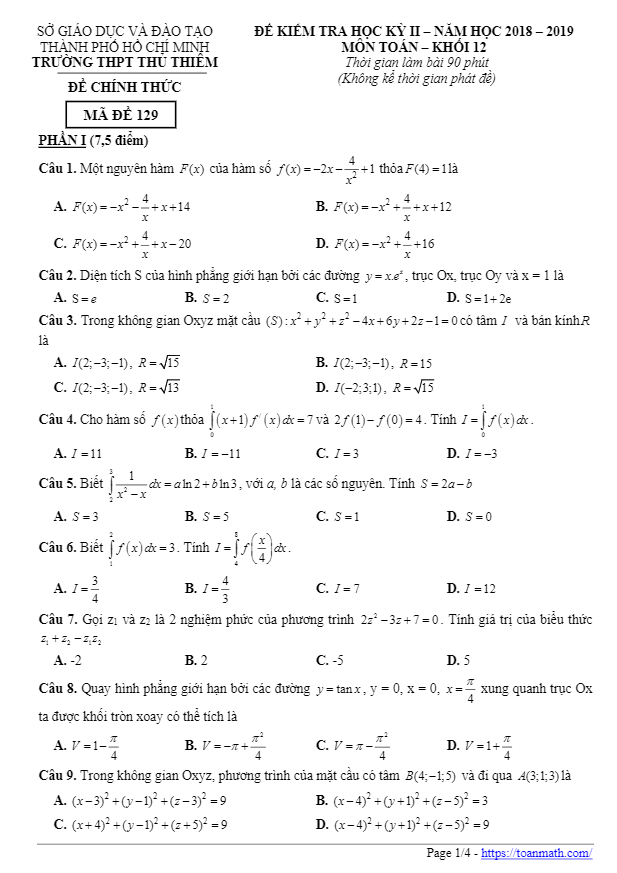 Đề thi HK2 Toán 12 năm 2018 – 2019 trường THPT Thủ Thiêm – TP HCM