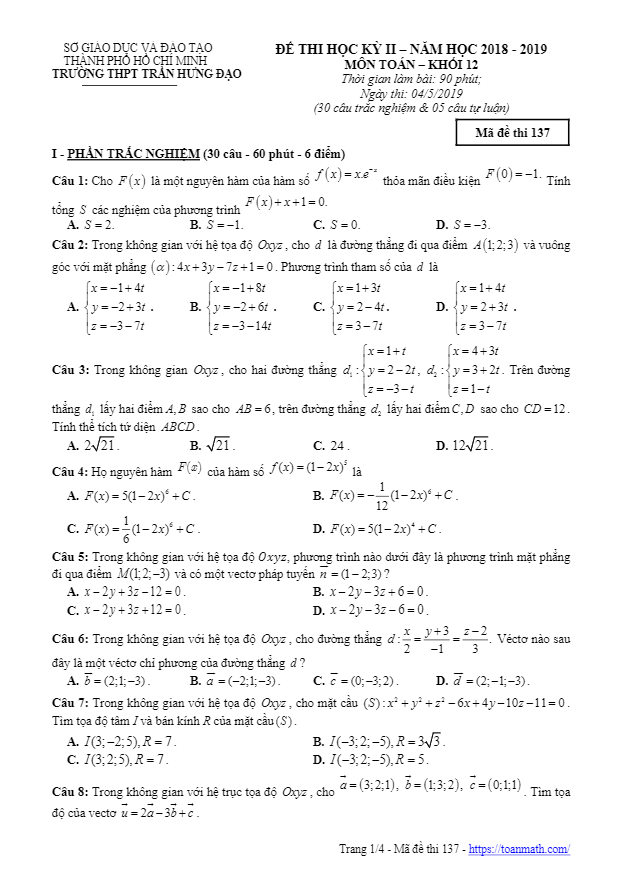 Đề thi HK2 Toán 12 năm 2018 – 2019 trường THPT Trần Hưng Đạo – TP HCM