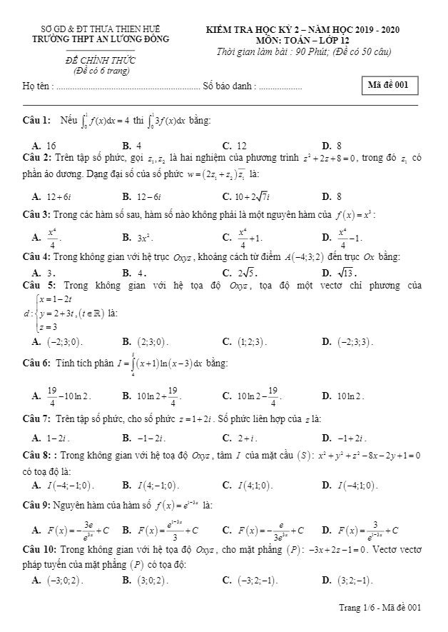 Đề thi HK2 Toán 12 năm 2019 – 2020 trường THPT An Lương Đông – TT Huế
