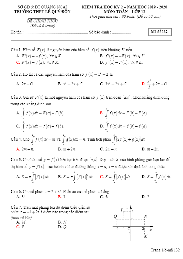 Đề thi HK2 Toán 12 năm 2019 – 2020 trường THPT Lê Quý Đôn – Quảng Ngãi
