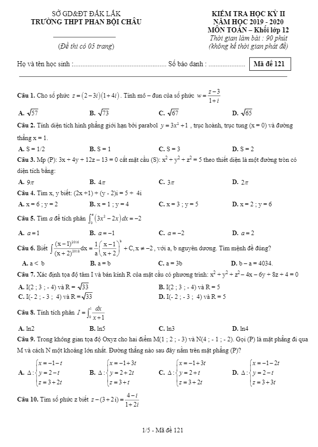 Đề thi HK2 Toán 12 năm 2019 – 2020 trường THPT Phan Bội Châu – Đắk Lắk
