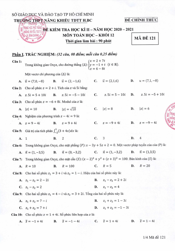 Đề thi HK2 Toán 12 năm 2020 – 2021 trường Năng khiếu TDTT Bình Chánh – TP HCM