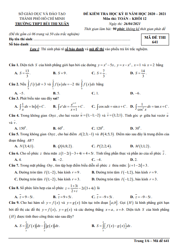 Đề thi HK2 Toán 12 năm 2020 – 2021 trường THPT Bùi Thị Xuân – TP HCM