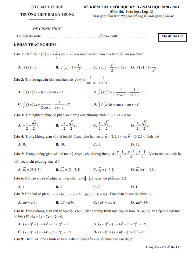 Đề thi HK2 Toán 12 năm 2020 – 2021 trường THPT Hai Bà Trưng – TT Huế