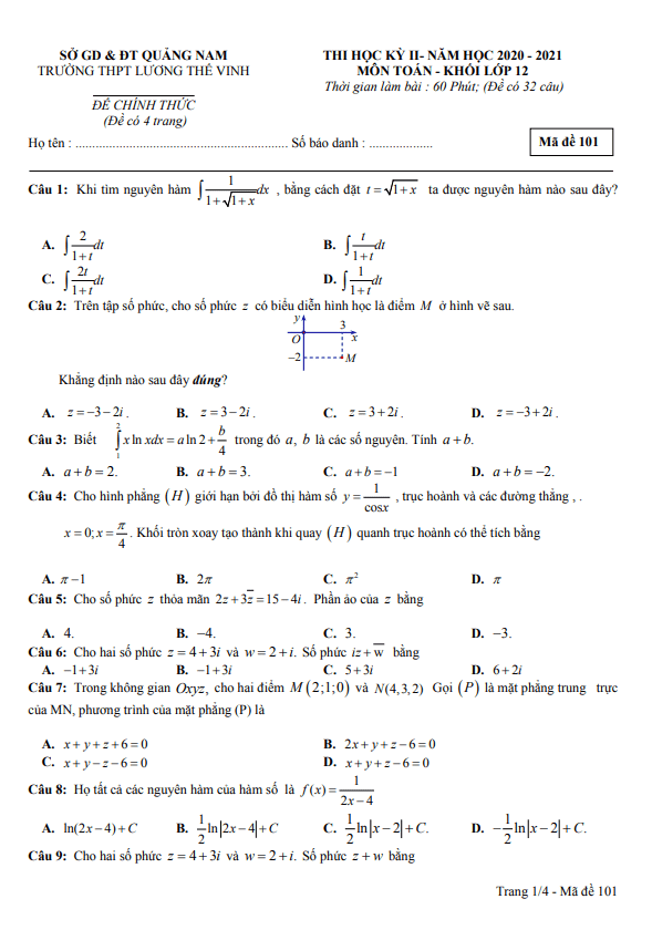 Đề thi HK2 Toán 12 năm 2020 – 2021 trường THPT Lương Thế Vinh – Quảng Nam