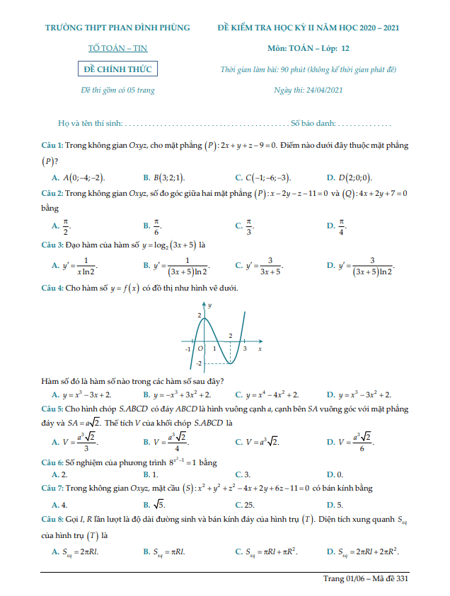 Đề thi HK2 Toán 12 năm 2020 – 2021 trường THPT Phan Đình Phùng – Hà Nội