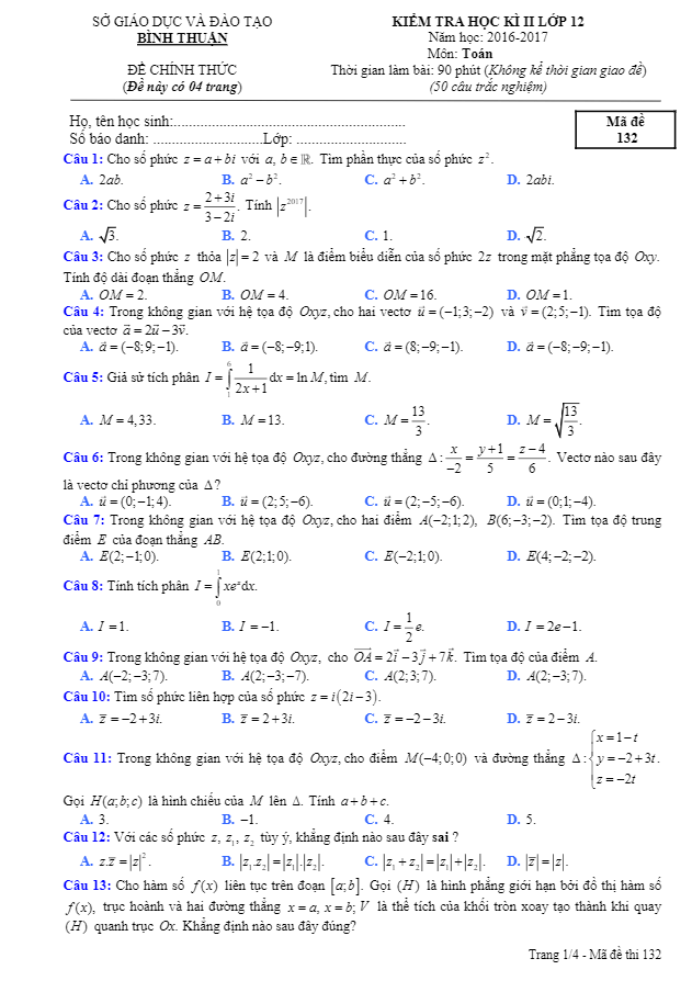Đề thi HK2 Toán 12 năm học 2016 – 2017 sở GD và ĐT Bình Thuận