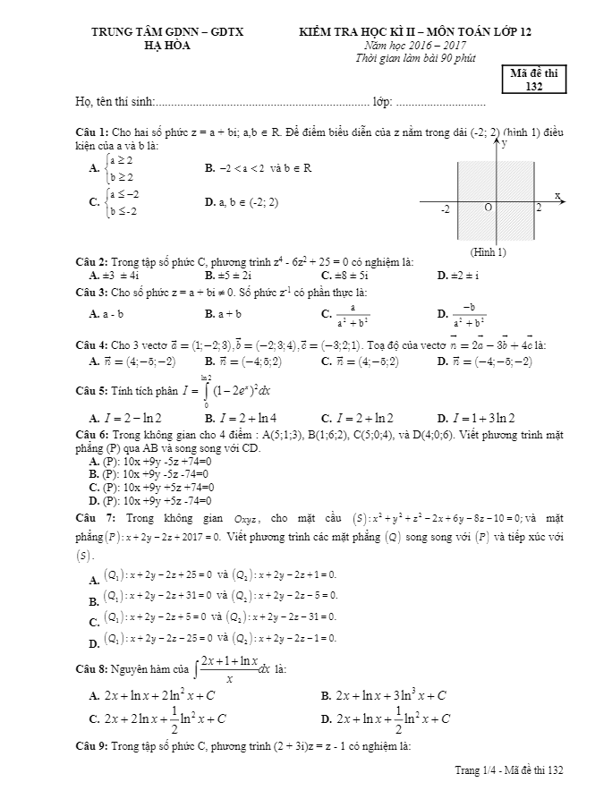 Đề thi HK2 Toán 12 năm học 2016 – 2017 trung tâm GDNN – GDTX Hạ Hòa