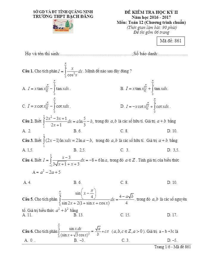 Đề thi HK2 Toán 12 năm học 2016 – 2017 trường THPT Bạch Đằng – Quảng Ninh