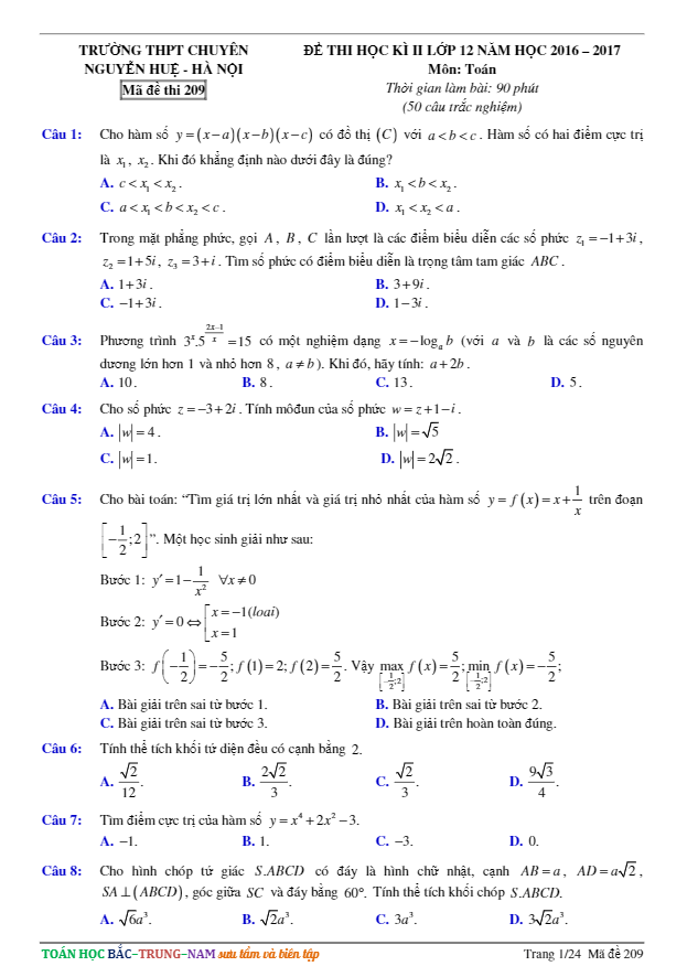 Đề thi HK2 Toán 12 năm học 2016 – 2017 trường THPT chuyên Nguyễn Huệ – Hà Nội