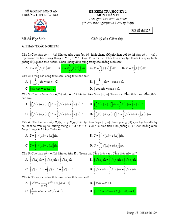 Đề thi HK2 Toán 12 năm học 2016 – 2017 trường THPT Đức Hòa – Long An