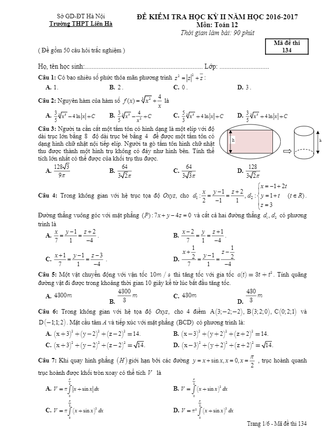 Đề thi HK2 Toán 12 năm học 2016 – 2017 trường THPT Liên Hà – Hà Nội