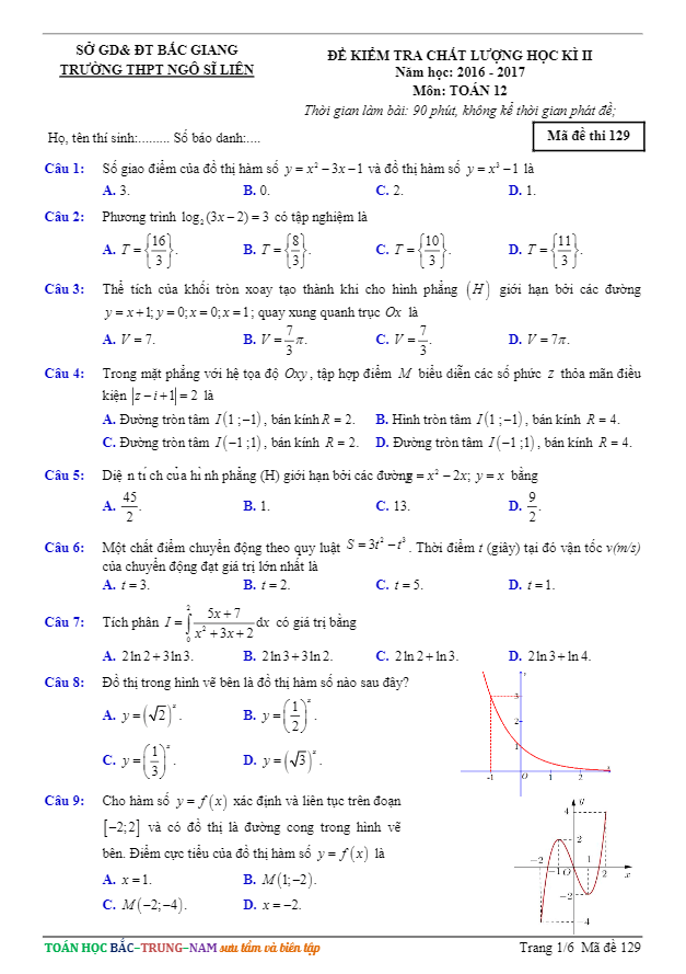 Đề thi HK2 Toán 12 năm học 2016 – 2017 trường THPT Ngô Sĩ Liên – Bắc Giang