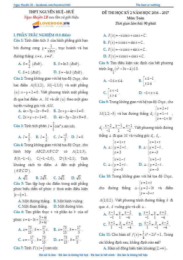 Đề thi HK2 Toán 12 năm học 2016 – 2017 trường THPT Nguyễn Huệ – TT. Huế