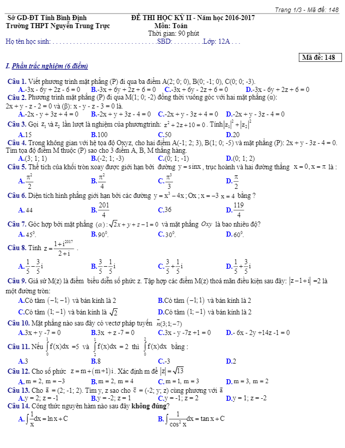 Đề thi HK2 Toán 12 năm học 2016 – 2017 trường THPT Nguyễn Trung Trực – Bình Định
