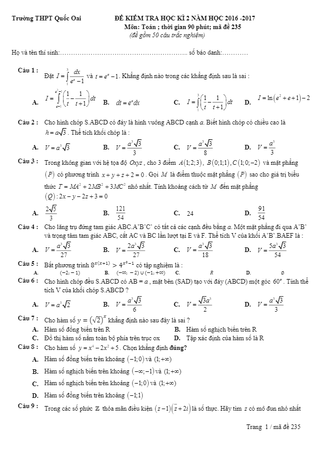 Đề thi HK2 Toán 12 năm học 2016 – 2017 trường THPT Quốc Oai – Hà Nội