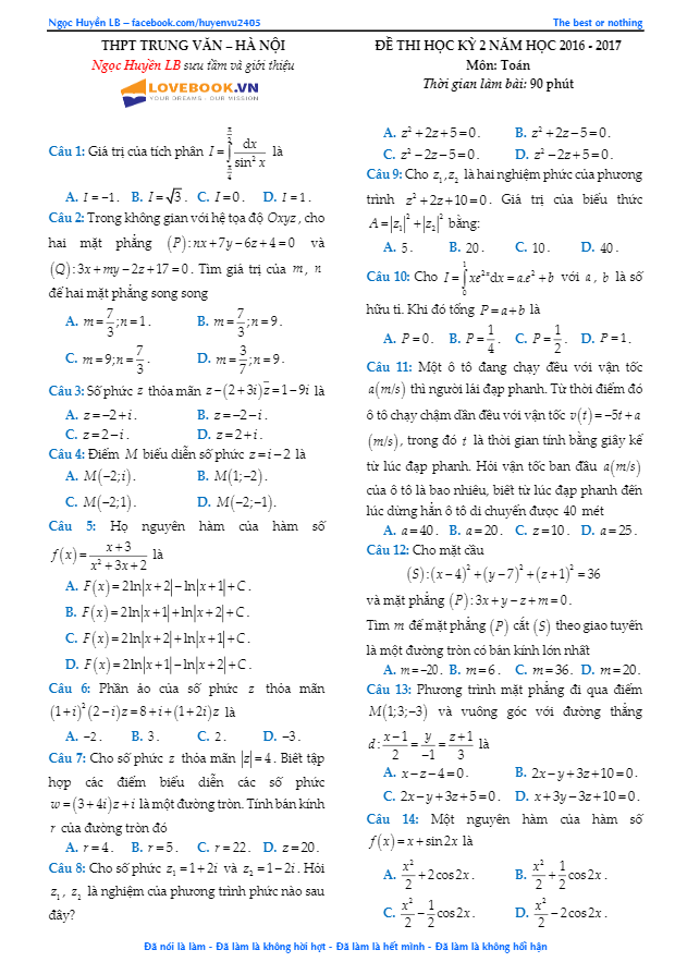Đề thi HK2 Toán 12 năm học 2016 – 2017 trường THPT Trung Văn – Hà Nội