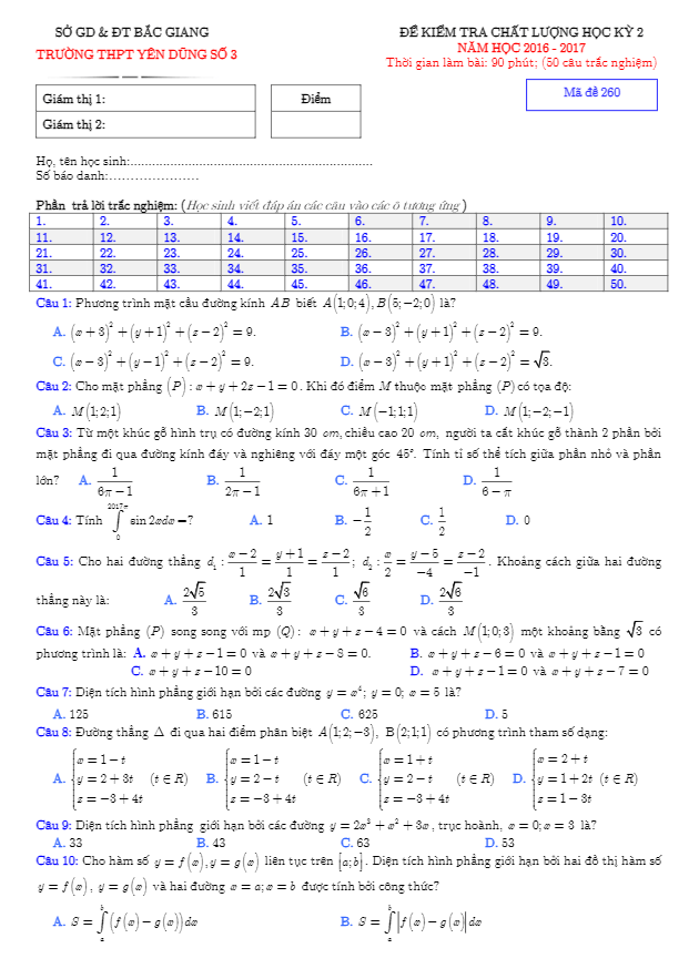 Đề thi HK2 Toán 12 năm học 2016 – 2017 trường THPT Yên Dũng 3 – Bắc Giang