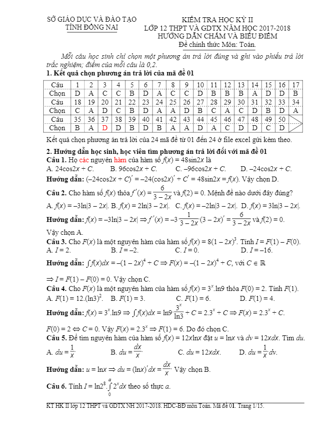 Đề thi HK2 Toán 12 năm học 2017 – 2018 sở GD và ĐT Đồng Nai