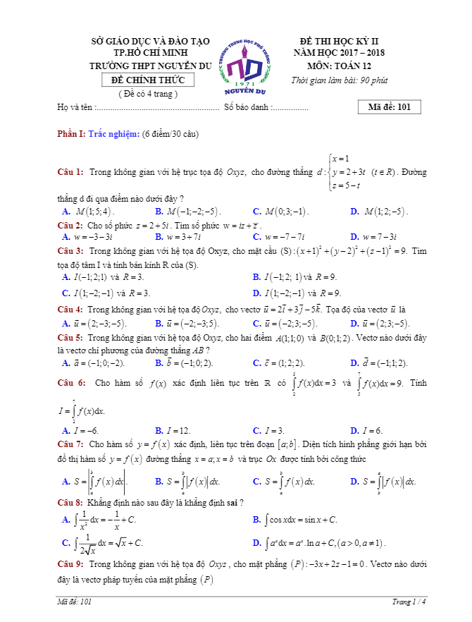 Đề thi HK2 Toán 12 năm học 2017 – 2018 trường THPT Nguyễn Du – TP. HCM