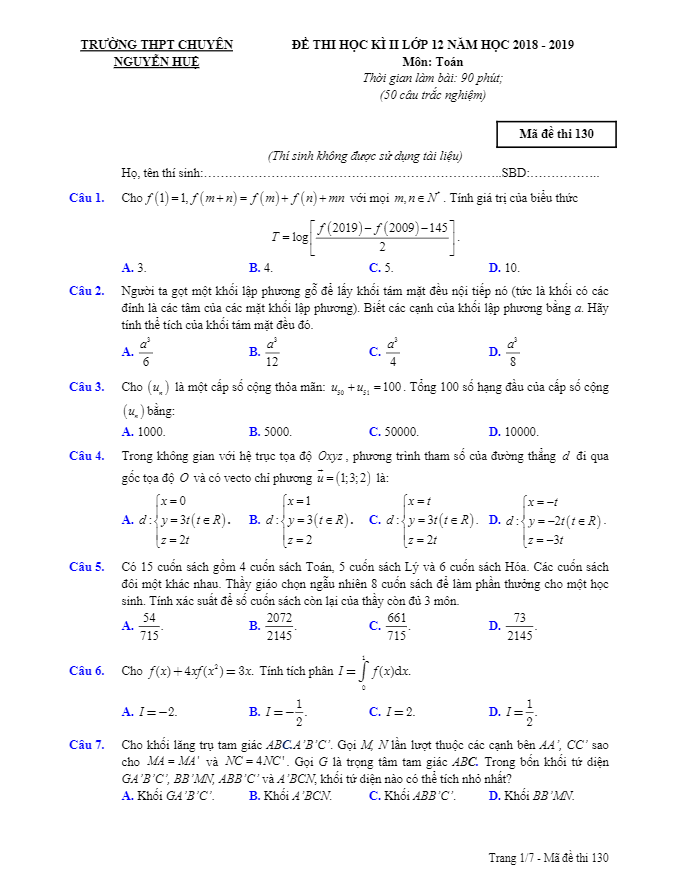 Đề thi HK2 Toán 12 năm học 2018 – 2019 trường THPT chuyên Nguyễn Huệ – Hà Nội