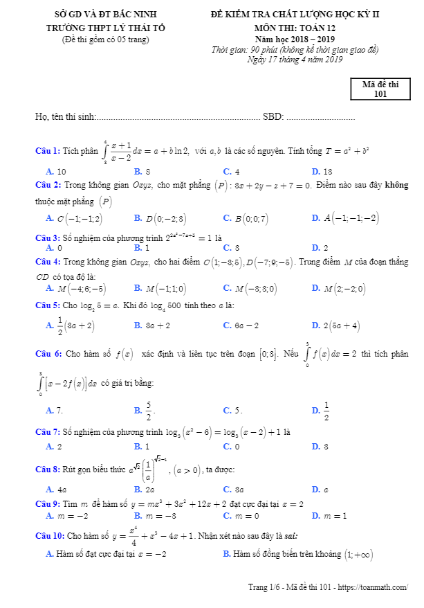 Đề thi HK2 Toán 12 năm học 2018 – 2019 trường THPT Lý Thái Tổ – Bắc Ninh