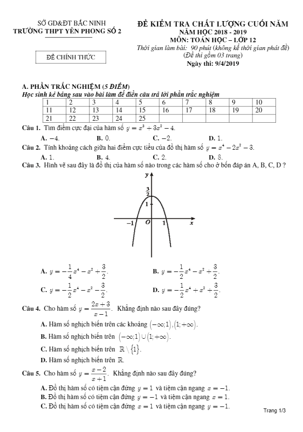 Đề thi HK2 Toán 12 năm học 2018 – 2019 trường THPT Yên Phong 2 – Bắc Ninh