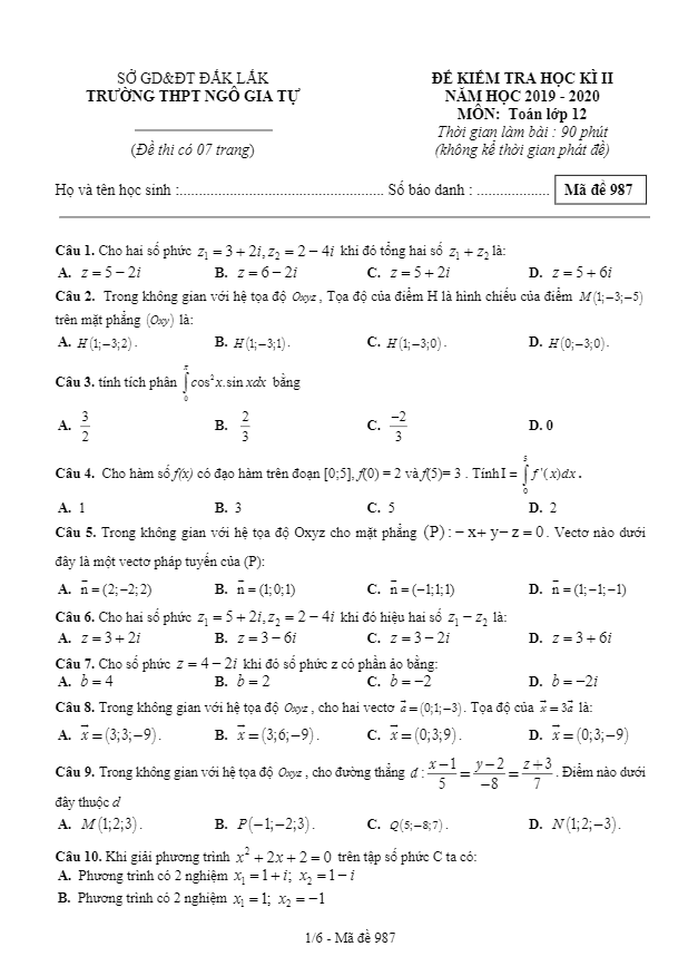 Đề thi HK2 Toán 12 năm học 2019 – 2020 trường THPT Ngô Gia Tự – Đắk Lắk