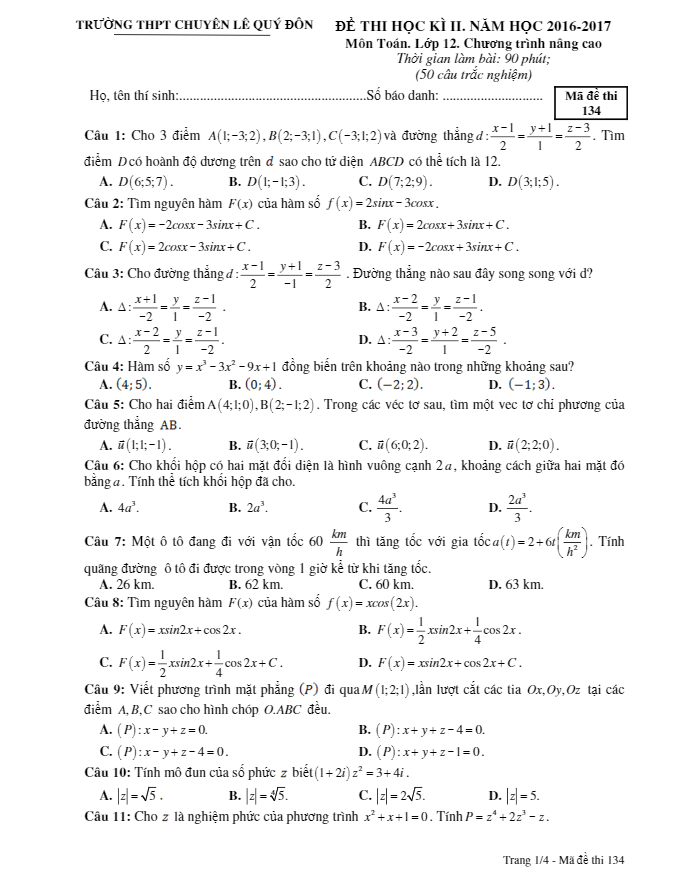 Đề thi HK2 Toán 12 nâng cao năm học 2016 – 2017 trường THPT chuyên Lê Quý Đôn – Quảng Trị
