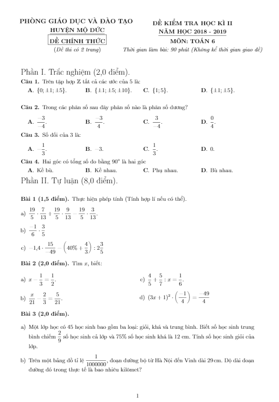 Đề thi HK2 Toán 6 năm 2018 – 2019 phòng GD&ĐT Mộ Đức – Quảng Ngãi