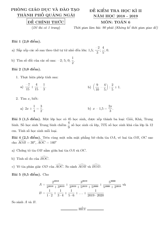 Đề thi HK2 Toán 6 năm 2018 – 2019 phòng GD&ĐT thành phố Quảng Ngãi