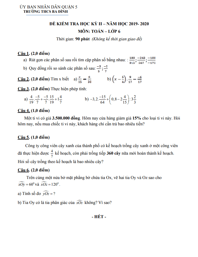Đề thi HK2 Toán 6 năm 2019 – 2020 trường THCS Ba Đình – TP HCM