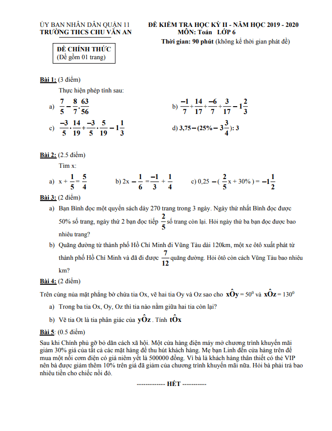 Đề thi HK2 Toán 6 năm 2019 – 2020 trường THCS Chu Văn An – TP HCM