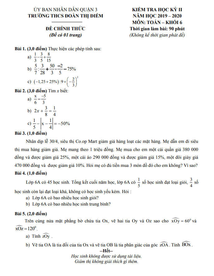 Đề thi HK2 Toán 6 năm 2019 – 2020 trường THCS Đoàn Thị Điểm – TP HCM