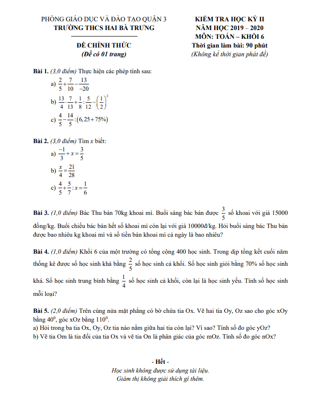 Đề thi HK2 Toán 6 năm 2019 – 2020 trường THCS Hai Bà Trưng – TP HCM