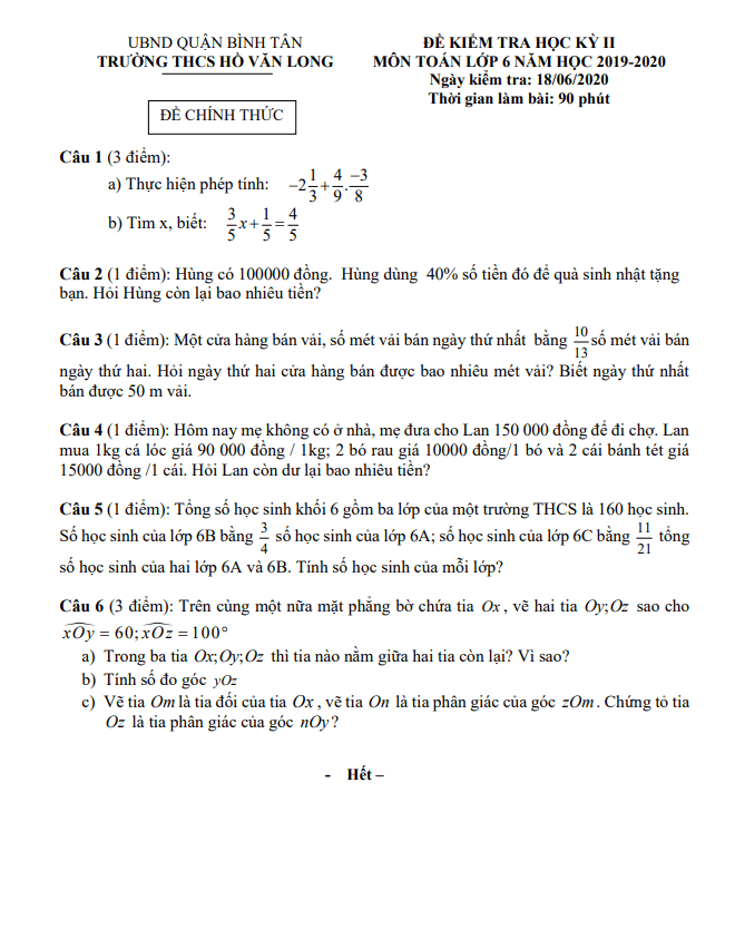 Đề thi HK2 Toán 6 năm 2019 – 2020 trường THCS Hồ Văn Long – TP HCM
