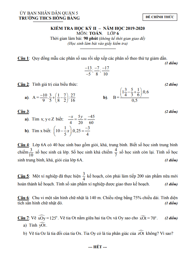 Đề thi HK2 Toán 6 năm 2019 – 2020 trường THCS Hồng Bàng – TP HCM