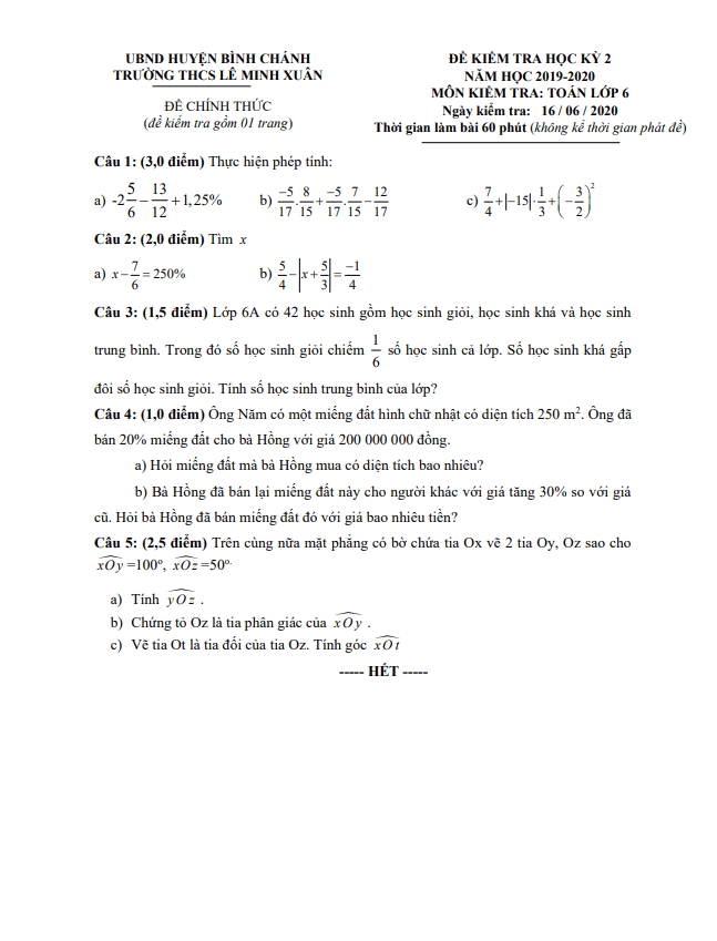 Đề thi HK2 Toán 6 năm 2019 – 2020 trường THCS Lê Minh Xuân – TP HCM