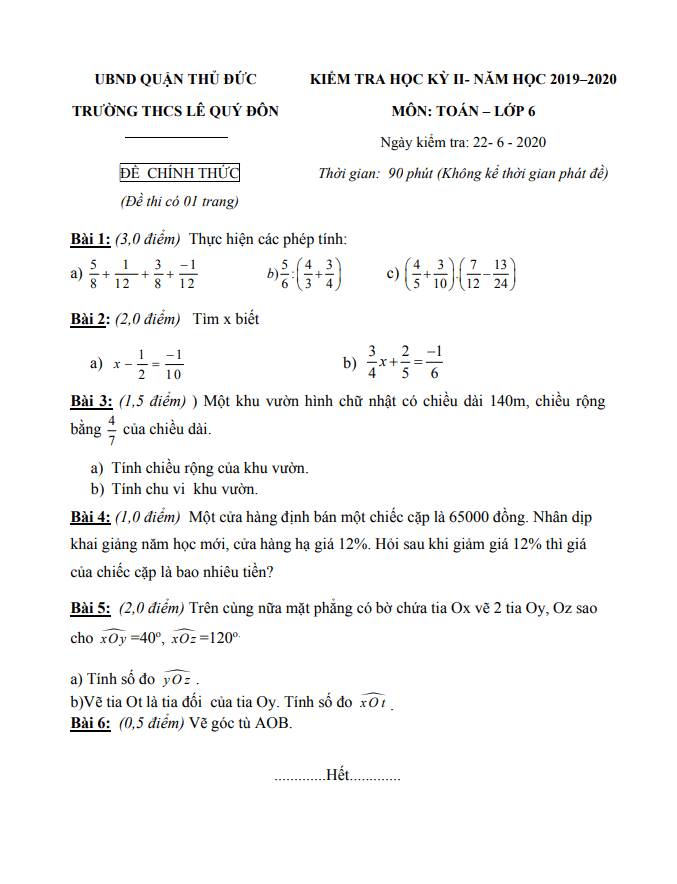 Đề thi HK2 Toán 6 năm 2019 – 2020 trường THCS Lê Quý Đôn – TP HCM
