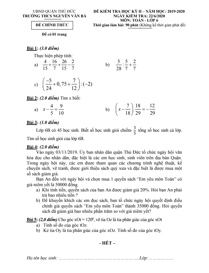 Đề thi HK2 Toán 6 năm 2019 – 2020 trường THCS Nguyễn Văn Bá – TP HCM