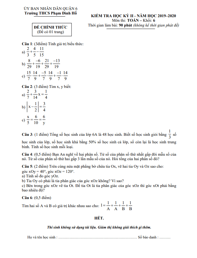 Đề thi HK2 Toán 6 năm 2019 – 2020 trường THCS Phạm Đình Hổ – TP HCM