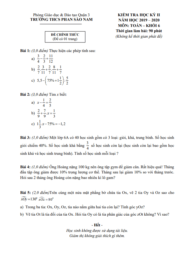 Đề thi HK2 Toán 6 năm 2019 – 2020 trường THCS Phan Sào Nam – TP HCM