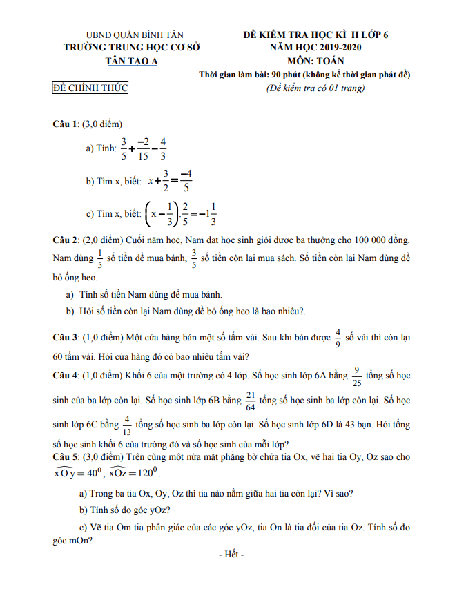 Đề thi HK2 Toán 6 năm 2019 – 2020 trường THCS Tân Tạo A – TP HCM