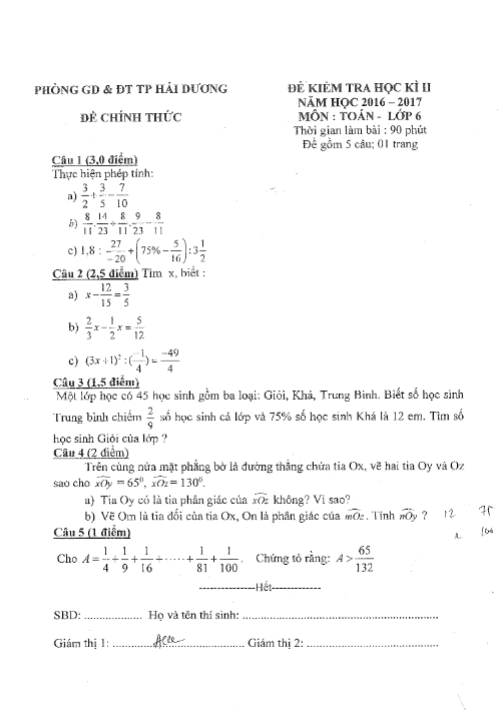 Đề thi HK2 Toán 6 năm học 2016 – 2017 phòng GD và ĐT Thành phố Hải Dương