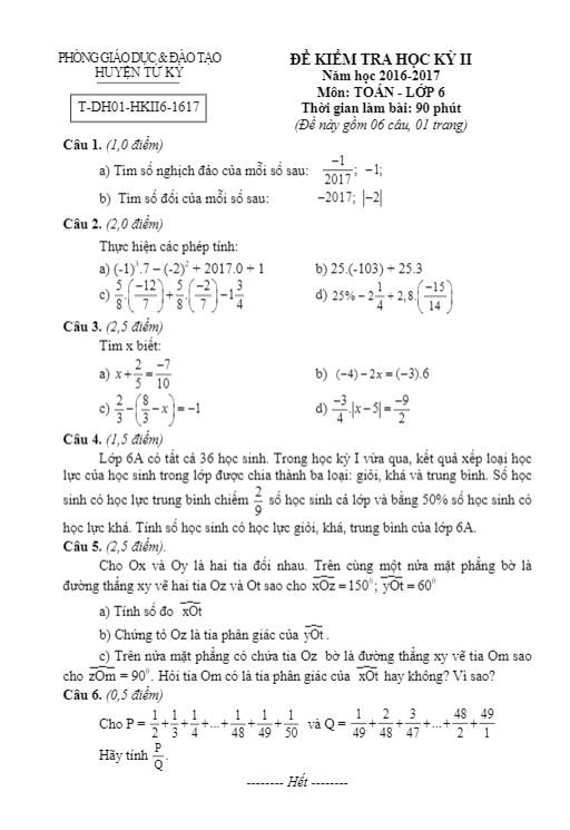 Đề thi HK2 Toán 6 năm học 2016 – 2017 phòng GD và ĐT Tứ Kỳ – Hải Dương