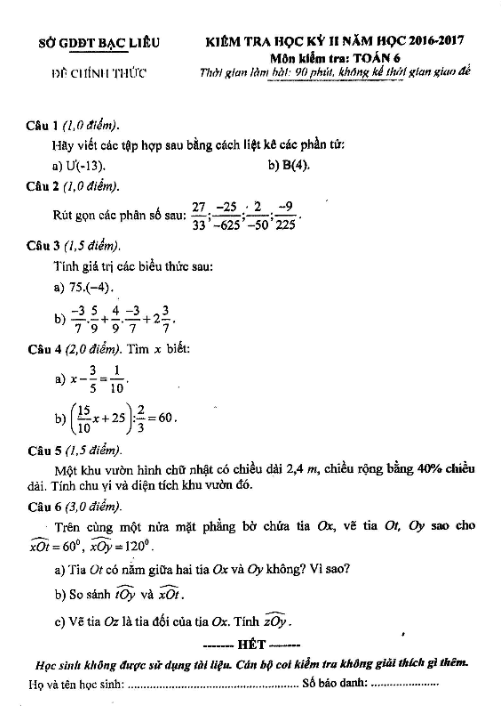 Đề thi HK2 Toán 6 năm học 2016 – 2017 sở GD và ĐT Bạc Liêu