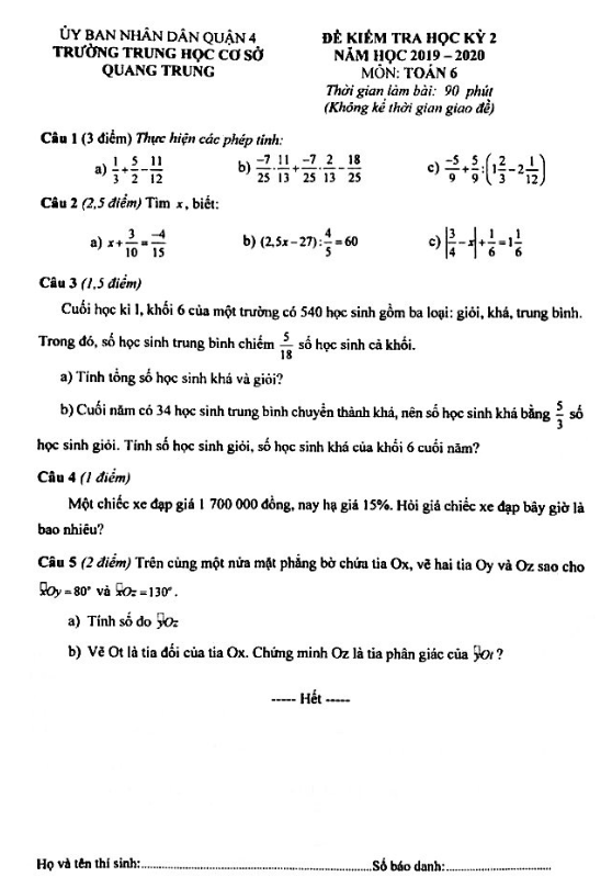 Đề thi HK2 Toán 6 năm học 2019 – 2020 trường THCS Quang Trung – TP HCM